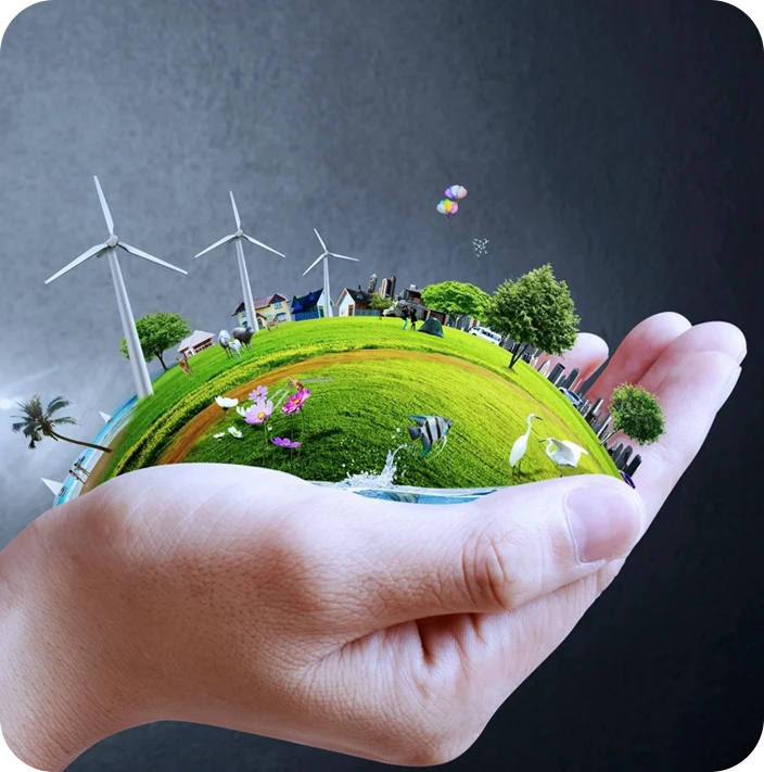 A hand holding an earth with wind turbines on it.