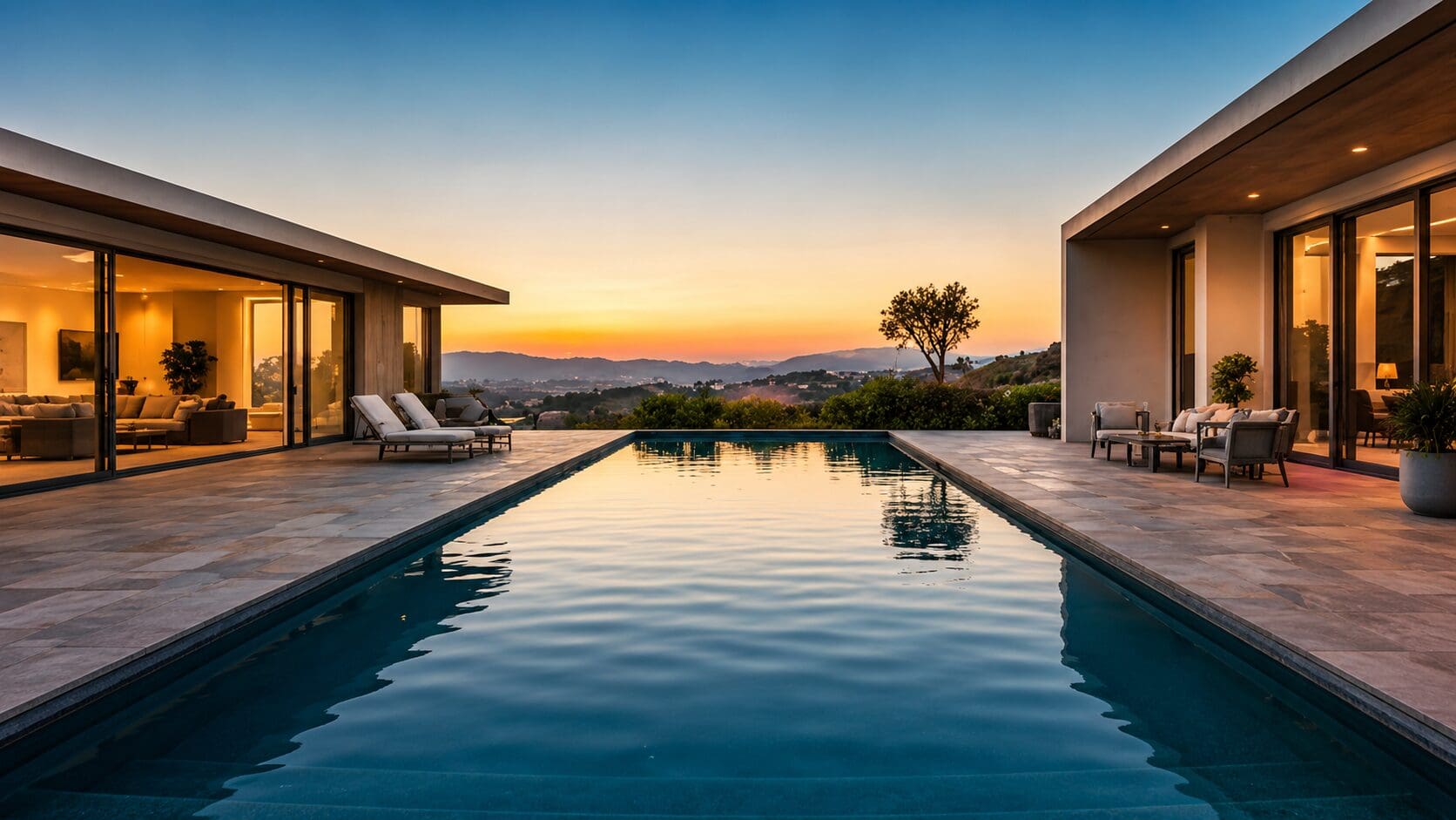 Luxury Southern California pool at sunset
